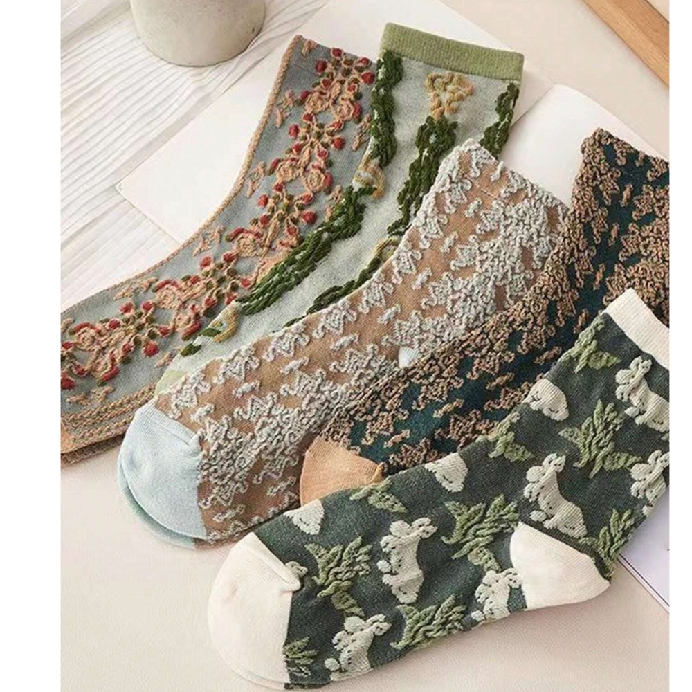 Vintage Look Textured Multicolor Mid Length Socks Set